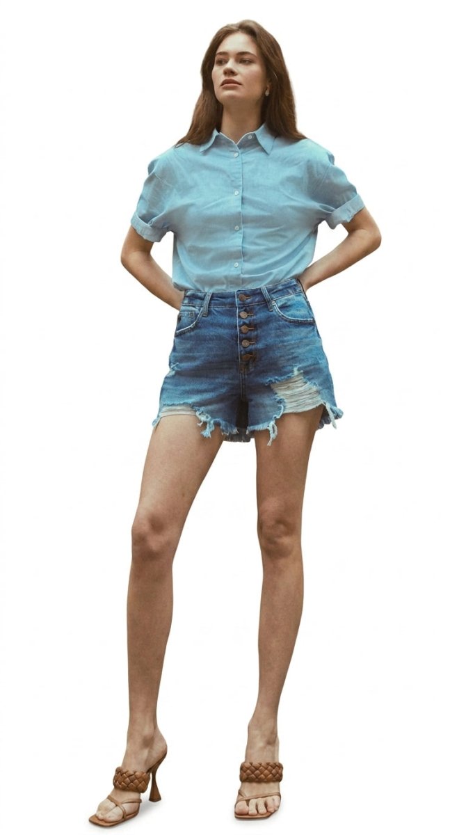 Kancan Distressed High - Waisted Button - Fly Denim Shorts - AMVIM