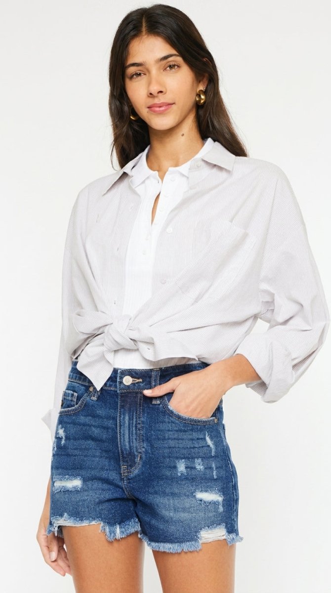 Kancan High Rise Distressed Denim Shorts - AMVIM