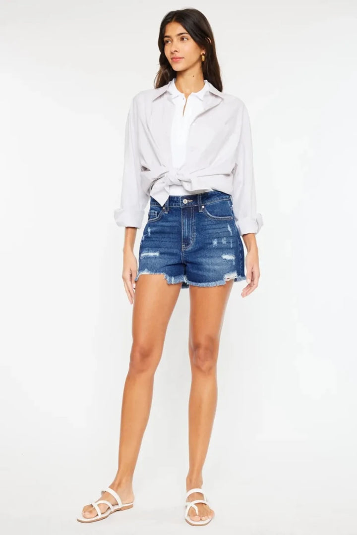 Kancan High Rise Distressed Denim Shorts - AMVIM
