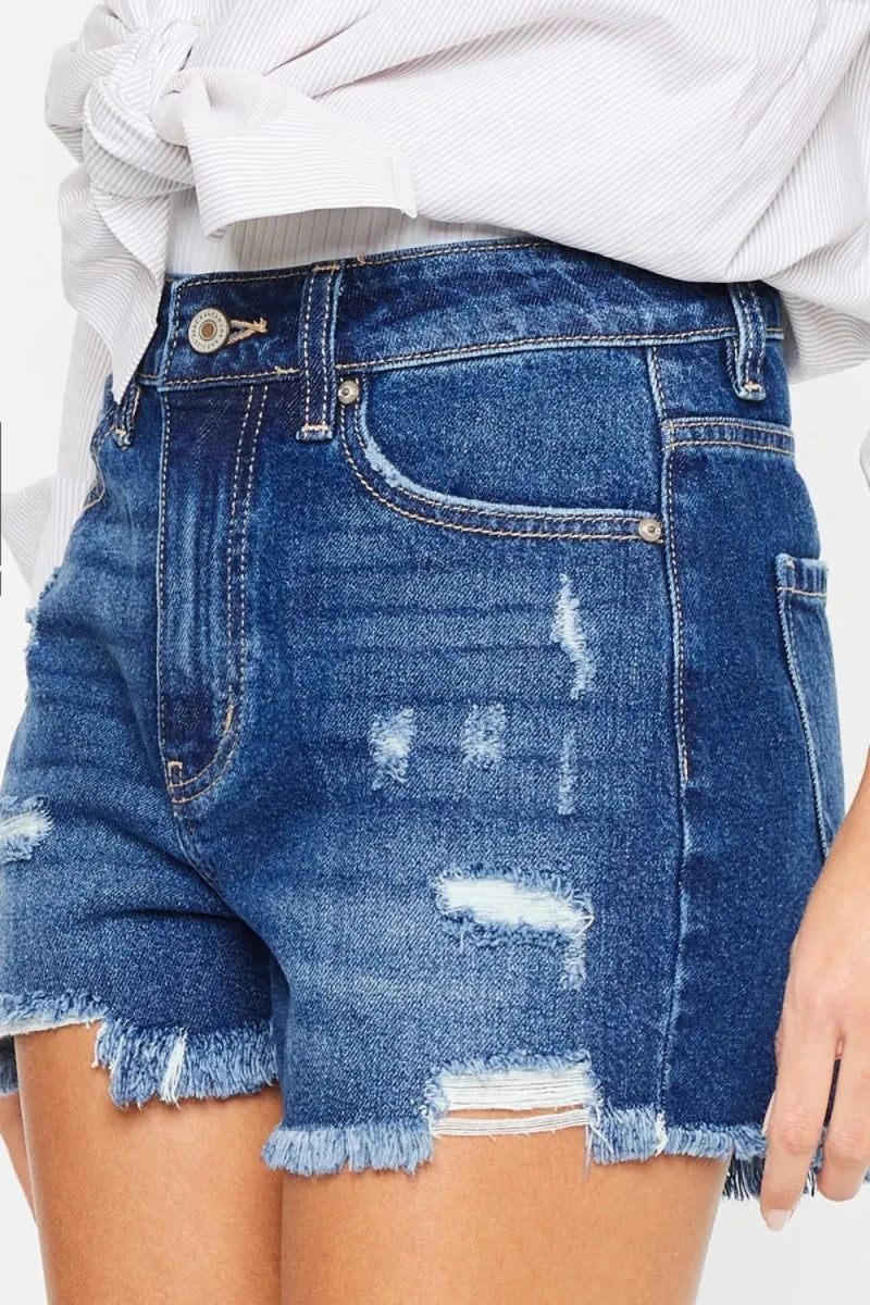 Kancan High Rise Distressed Denim Shorts - AMVIM