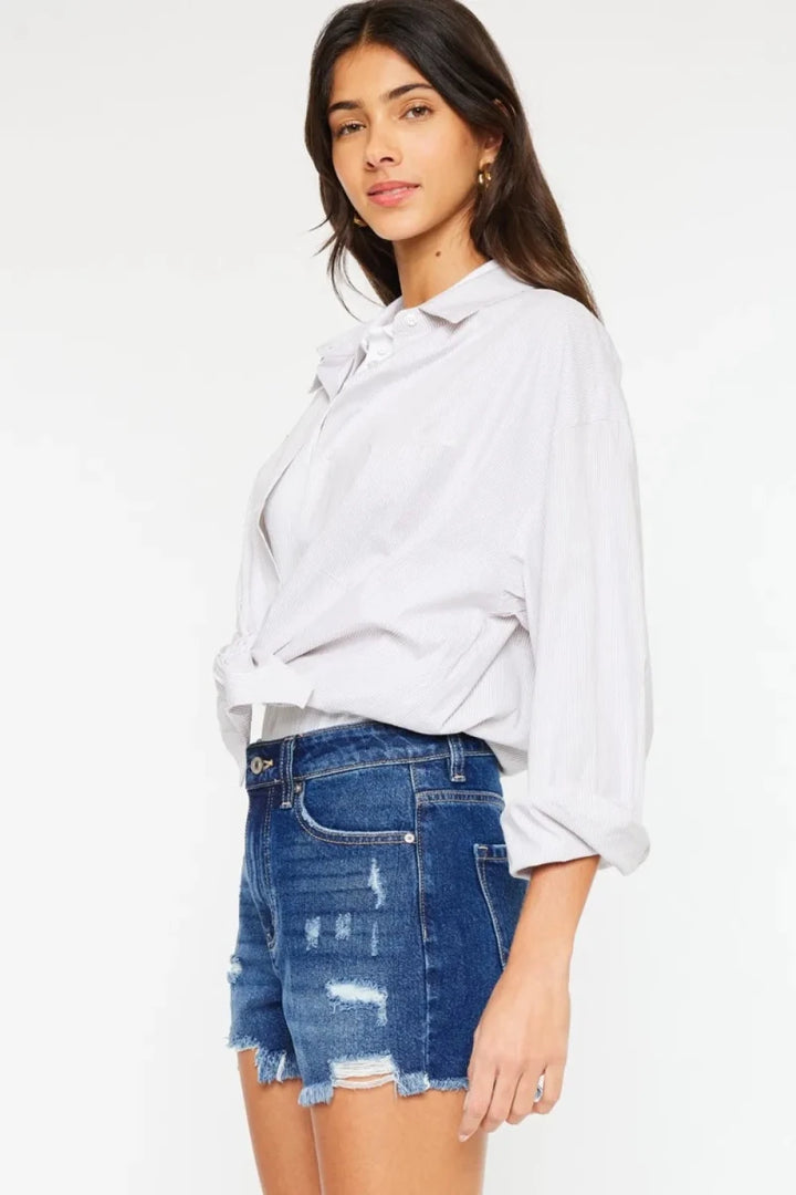 Kancan High Rise Distressed Denim Shorts - AMVIM