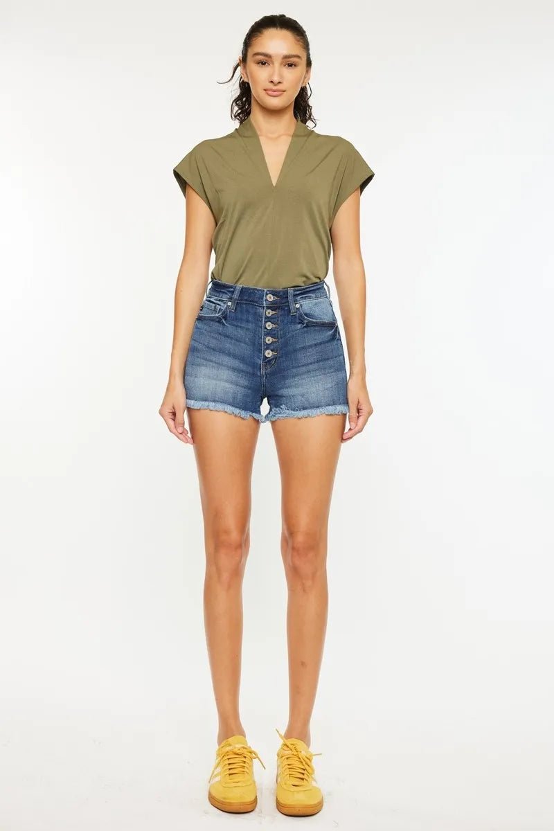 Kancan High Rise Distressed Denim Shorts - AMVIM