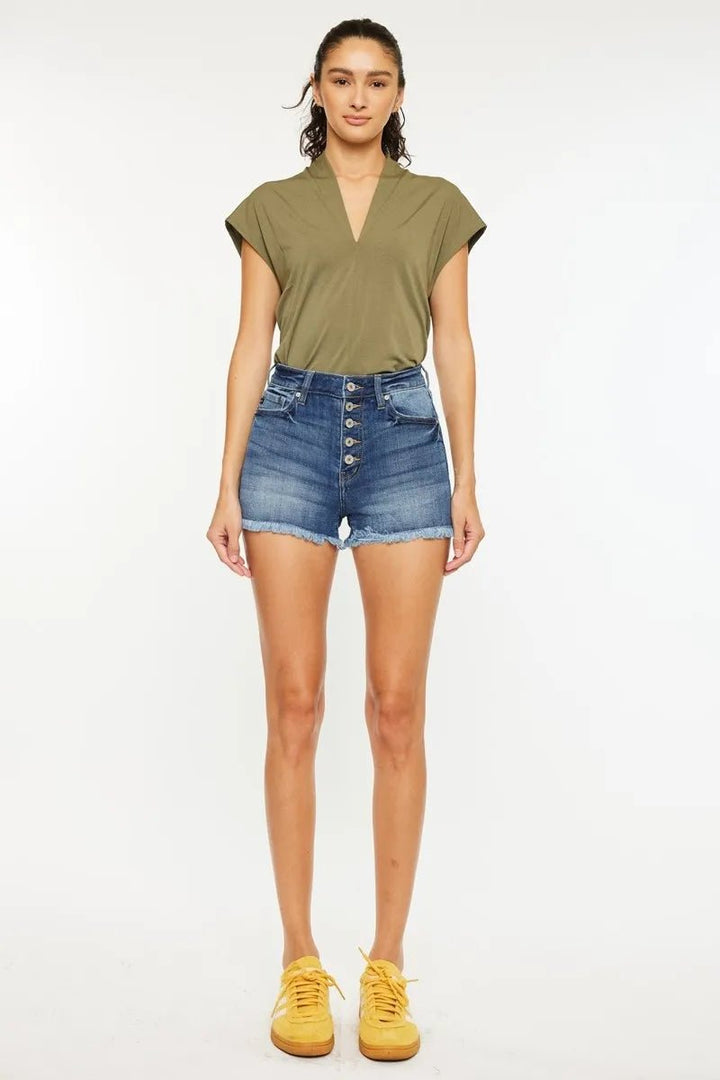 Kancan High Rise Distressed Denim Shorts - AMVIM