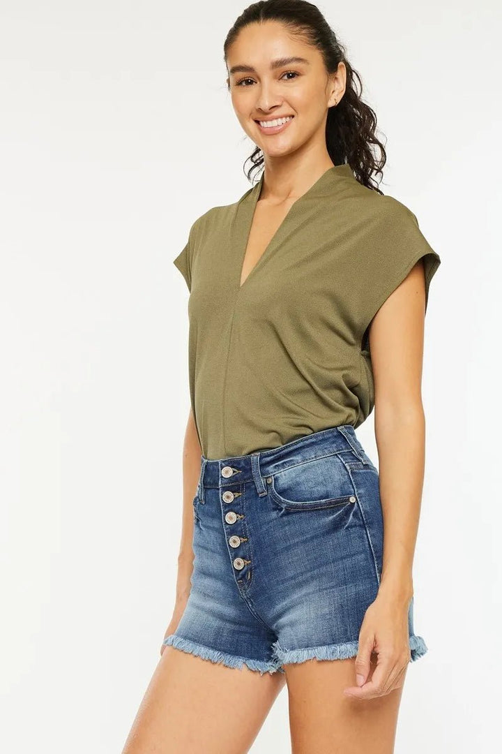 Kancan High Rise Distressed Denim Shorts - AMVIM