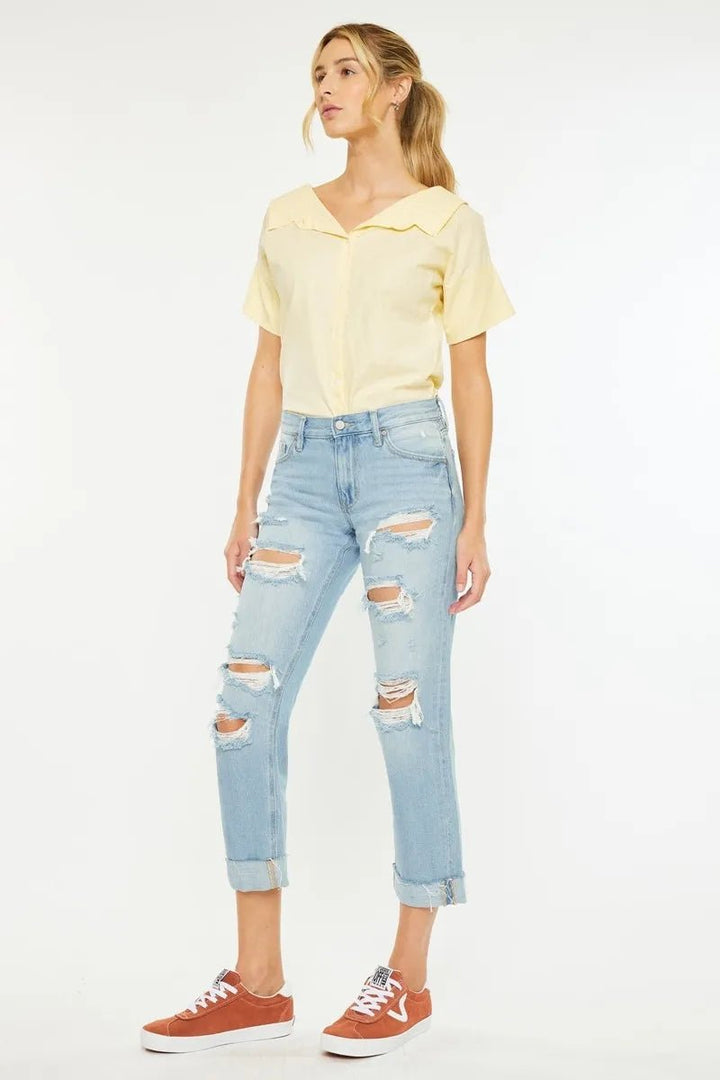 Kancan Mid Rise Distressed Boyfriend Jeans - AMVIM