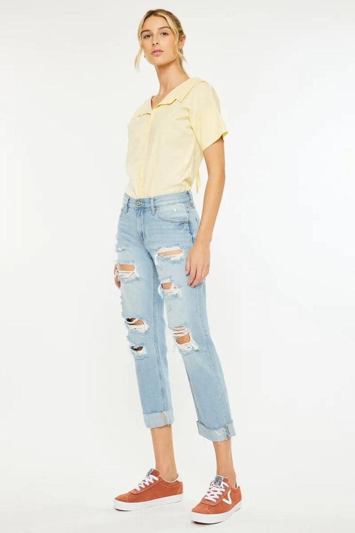 Kancan Mid Rise Distressed Boyfriend Jeans - AMVIM