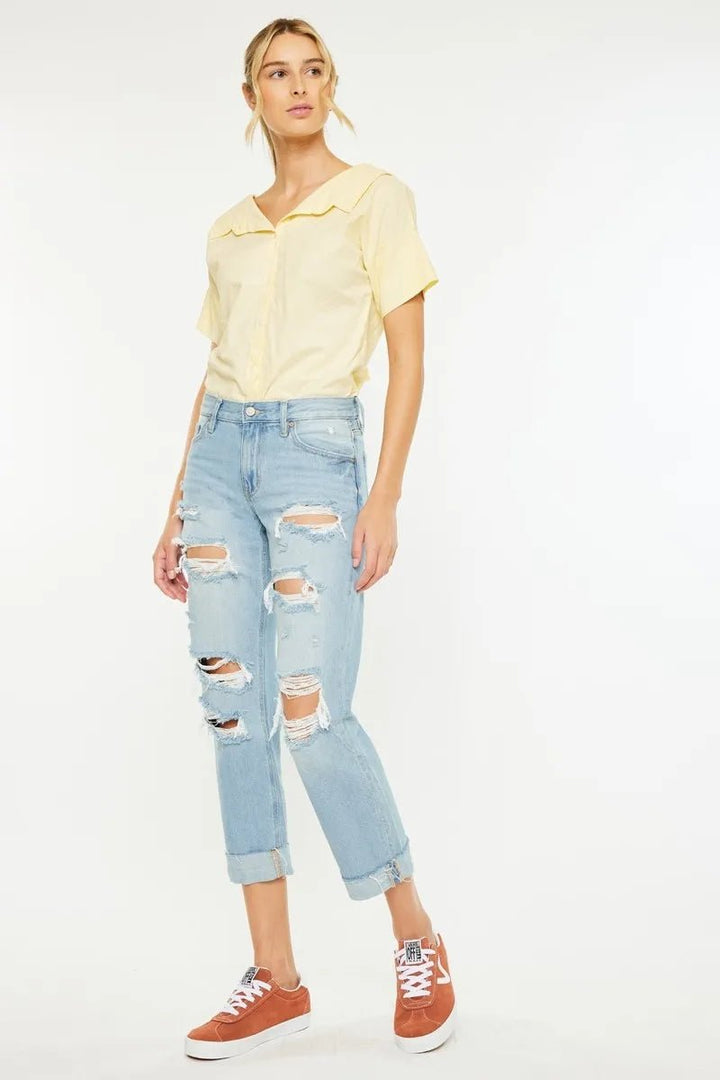 Kancan Mid Rise Distressed Boyfriend Jeans - AMVIM