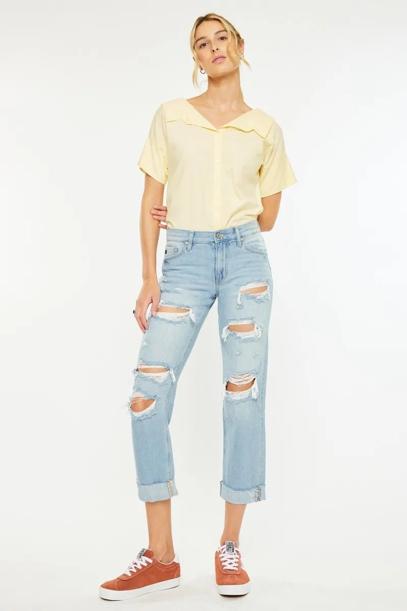 Kancan Mid Rise Distressed Boyfriend Jeans - AMVIM