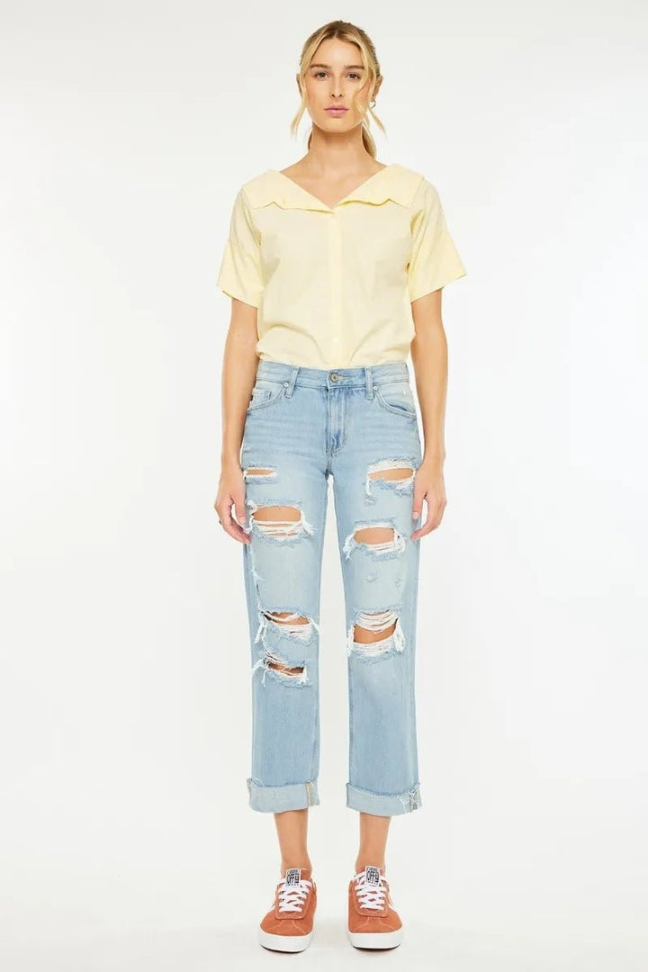 Kancan Mid Rise Distressed Boyfriend Jeans - AMVIM