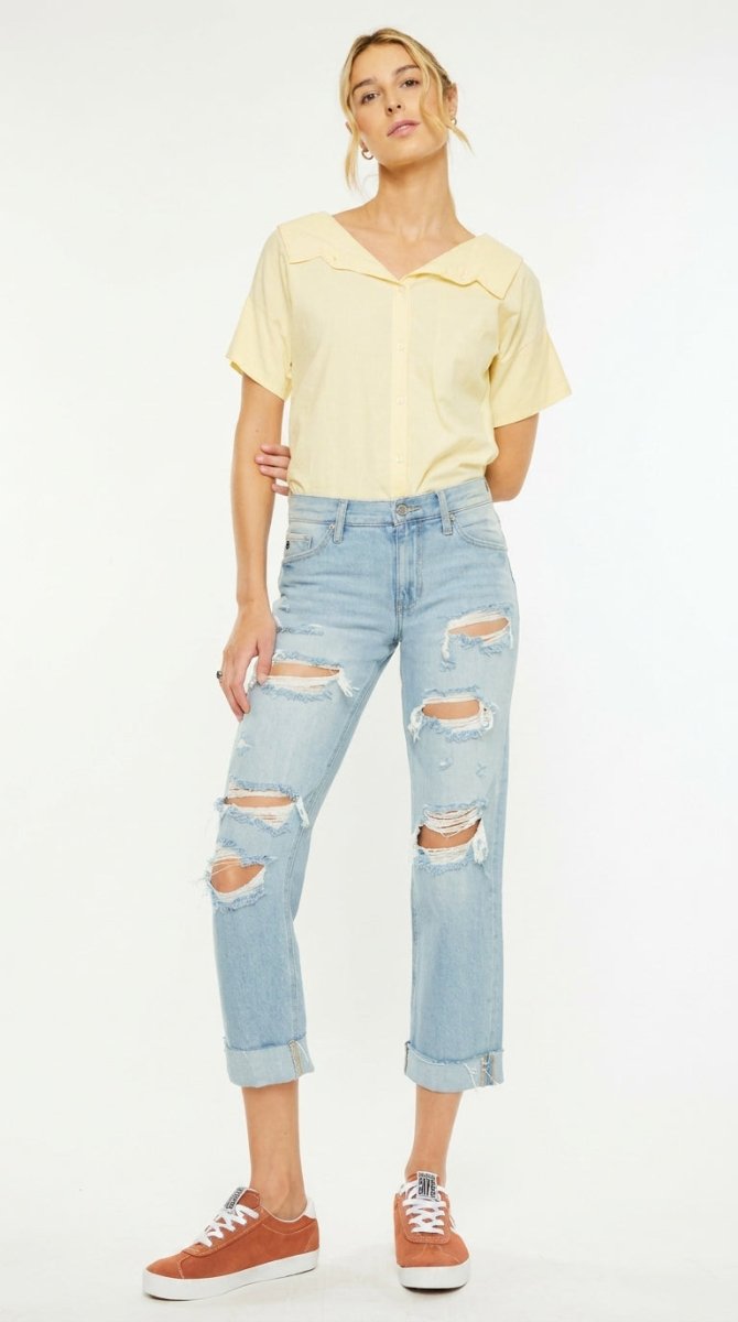 Kancan Mid Rise Distressed Boyfriend Jeans - AMVIM