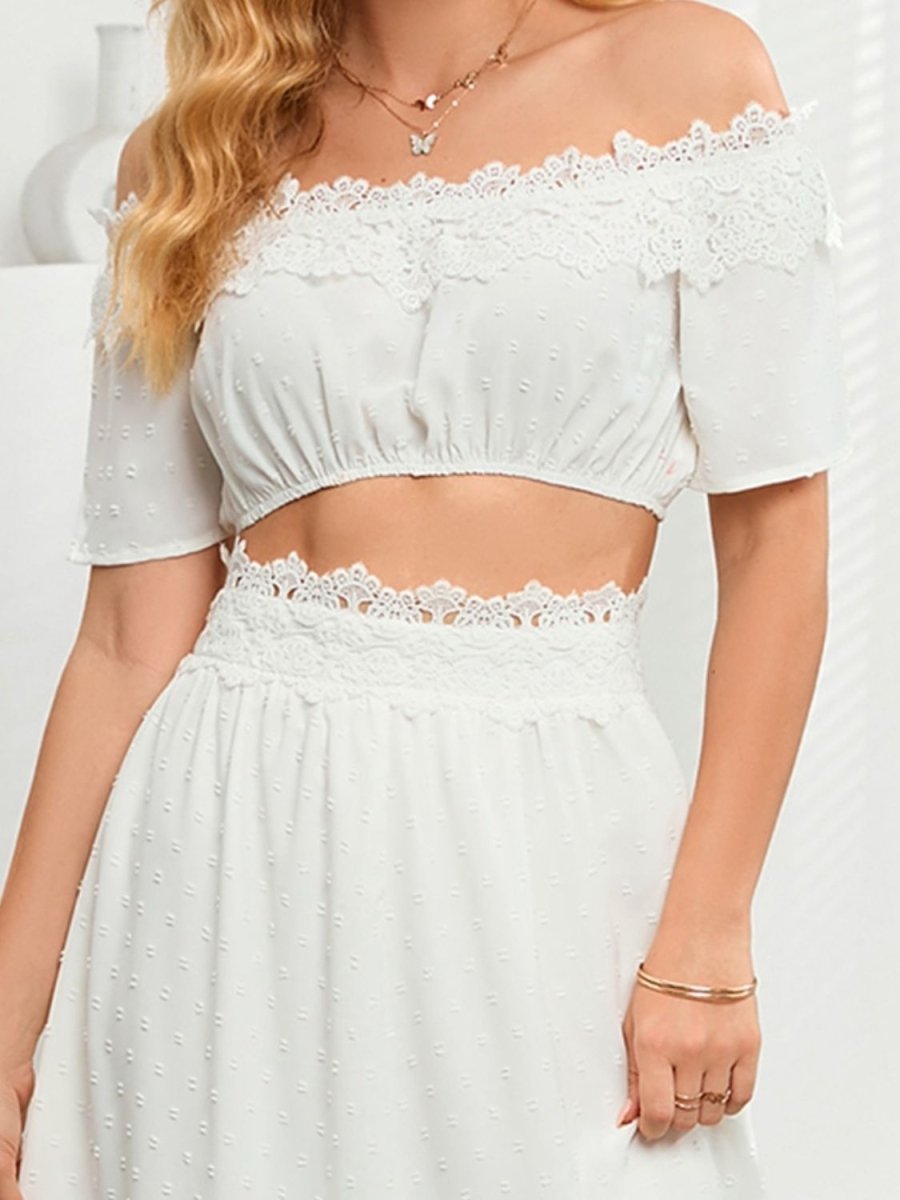 Lace Detail Off Shoulder Top and Slit Skirt Set - AMVIM