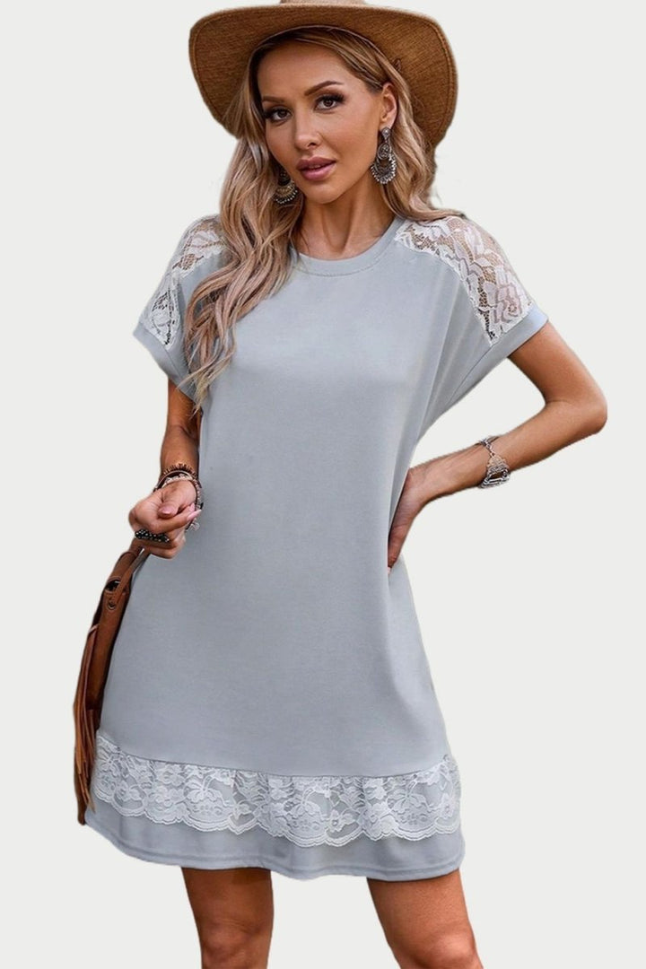 Lace Detail Round Neck Short Sleeve Dress - AMVIM