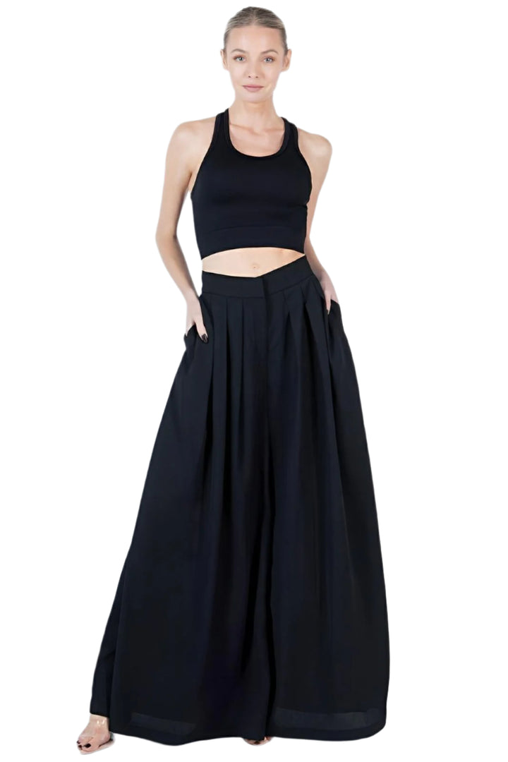 Large Hem Wide Leg Pleated Solid Pants - AMVIM