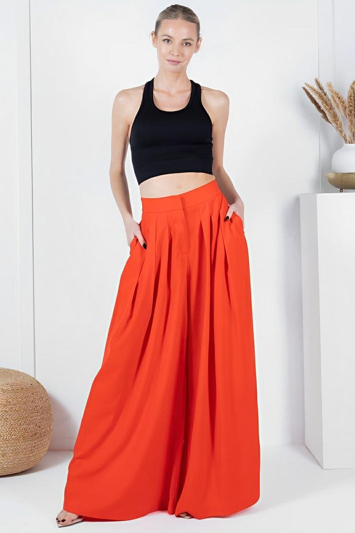 Large Hem Wide Leg Pleated Solid Pants - AMVIM