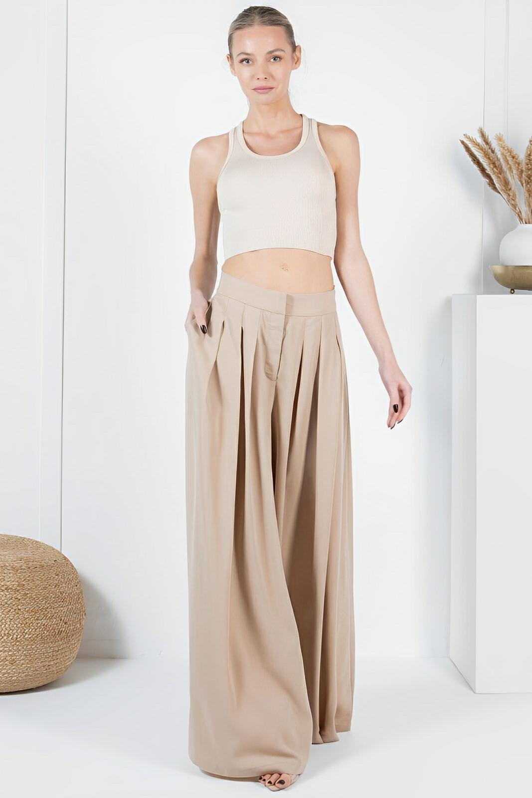 Large Hem Wide Leg Pleated Solid Pants - AMVIM