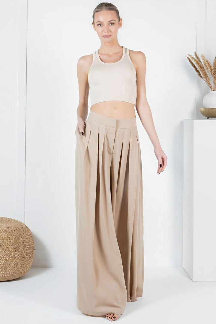 Large Hem Wide Leg Pleated Solid Pants - AMVIM