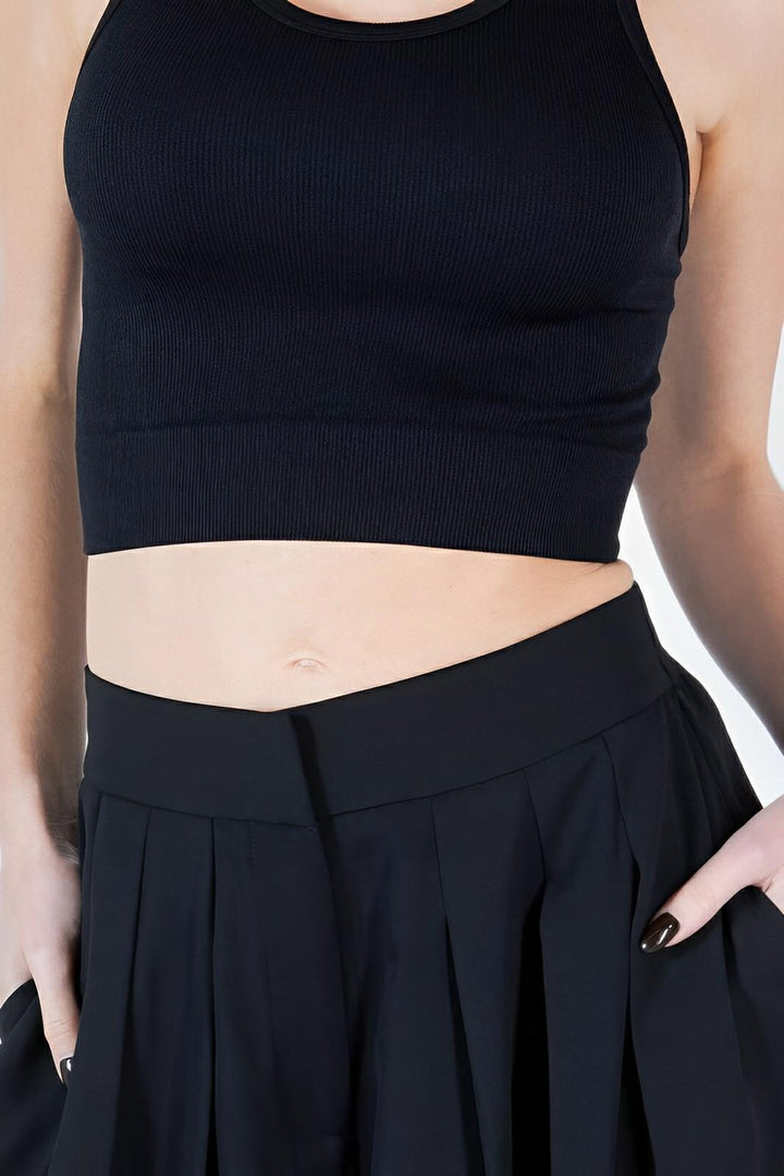 Large Hem Wide Leg Pleated Solid Pants - AMVIM