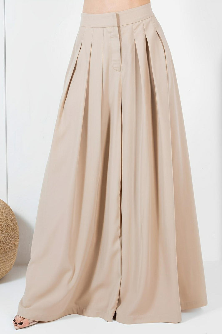 Large Hem Wide Leg Pleated Solid Pants - AMVIM