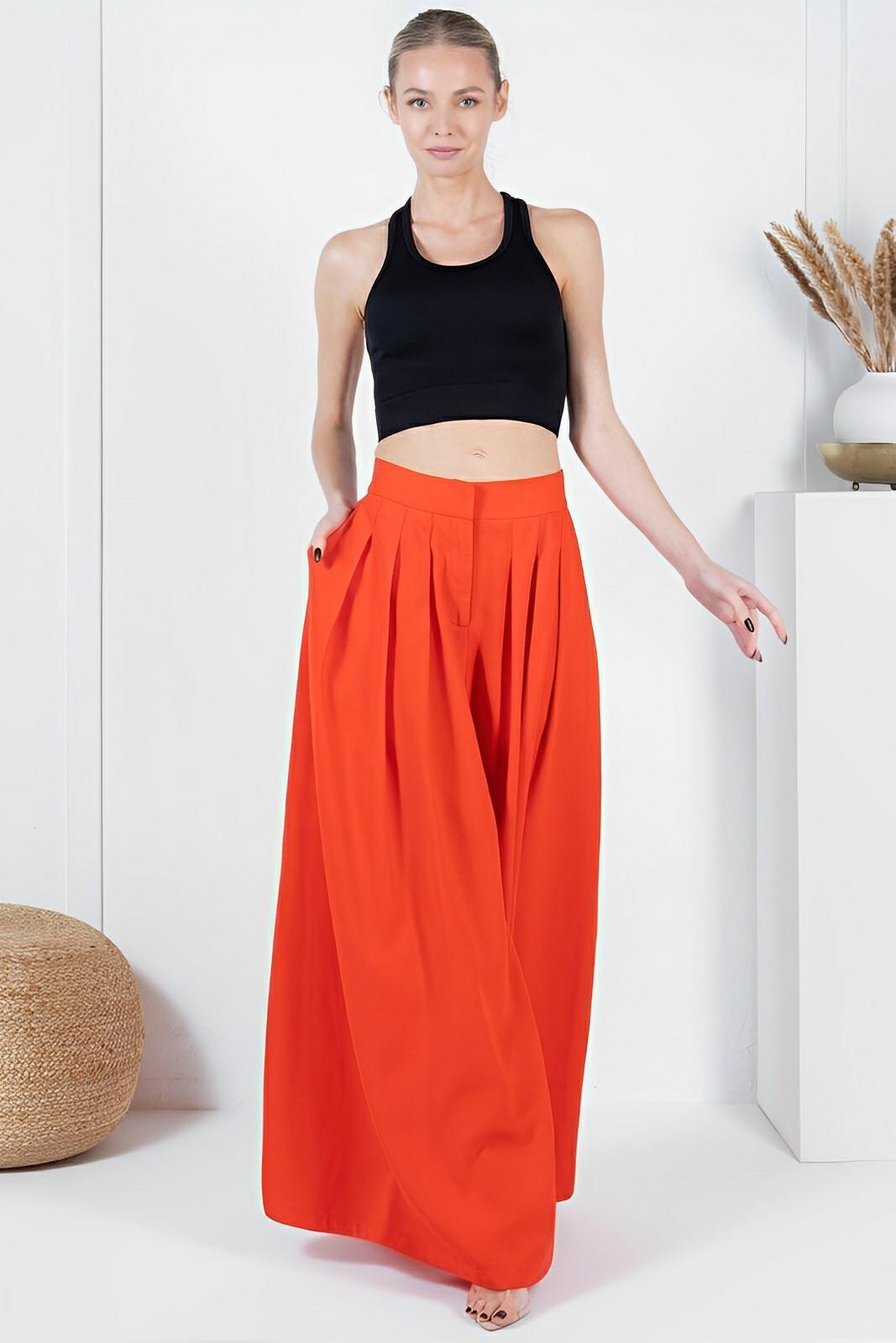 Large Hem Wide Leg Pleated Solid Pants - AMVIM
