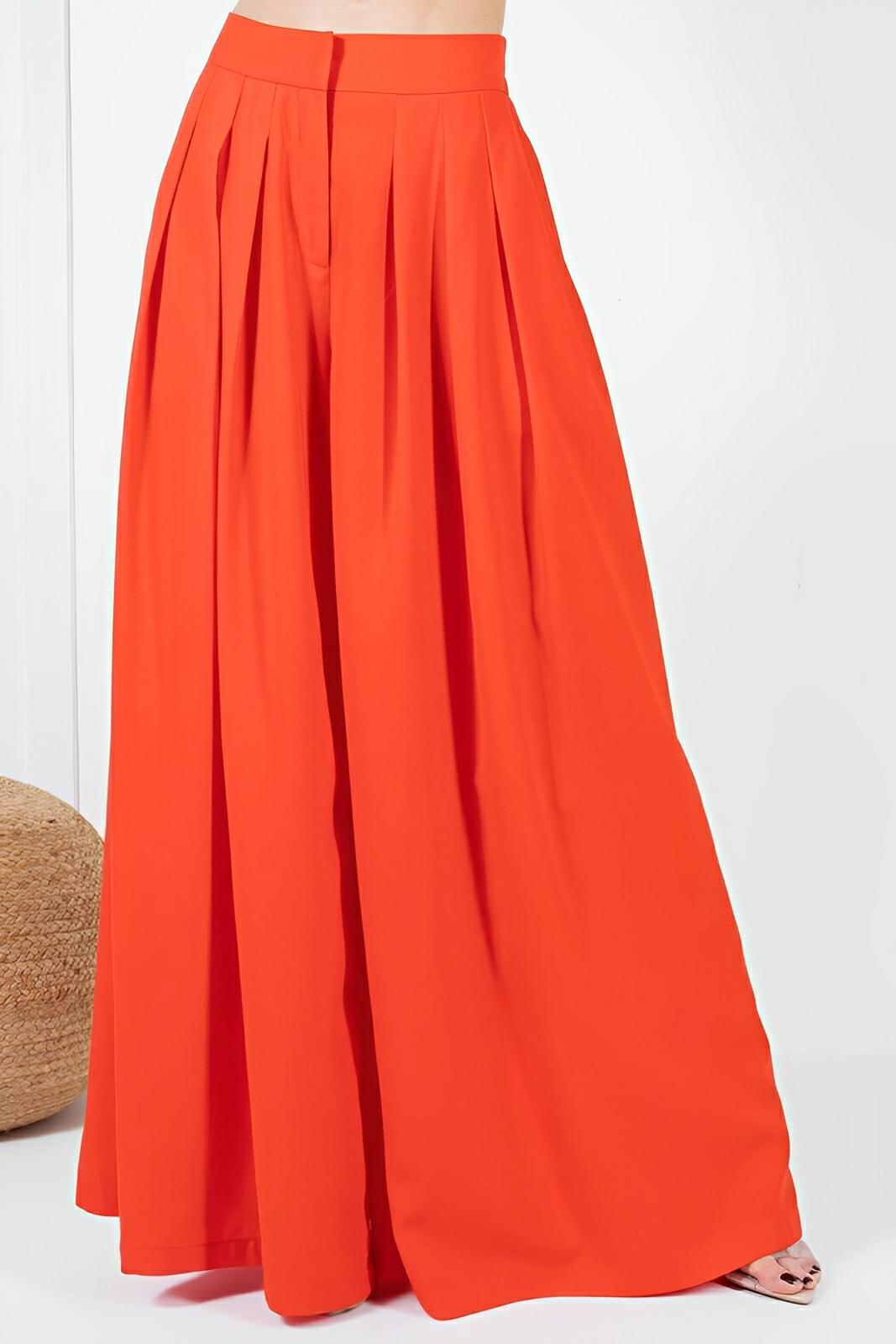 Large Hem Wide Leg Pleated Solid Pants - AMVIM