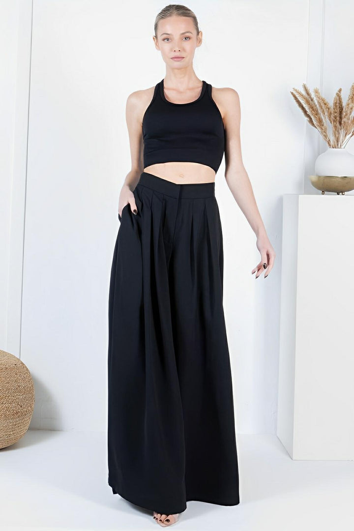 Large Hem Wide Leg Pleated Solid Pants - AMVIM