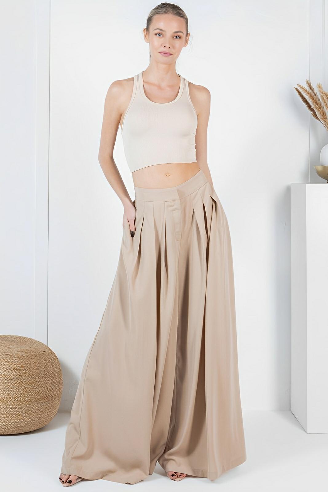 Large Hem Wide Leg Pleated Solid Pants - AMVIM