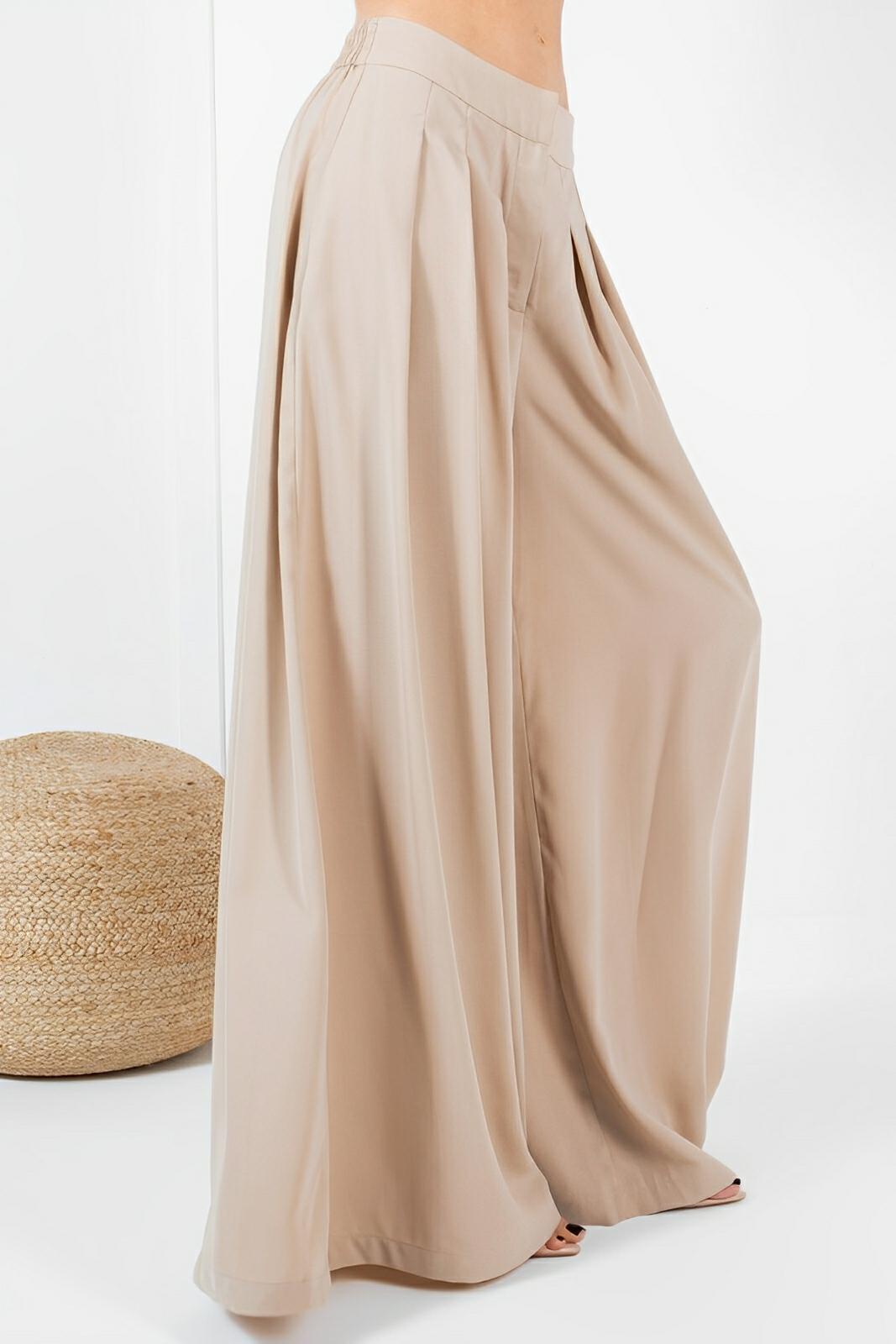 Large Hem Wide Leg Pleated Solid Pants - AMVIM