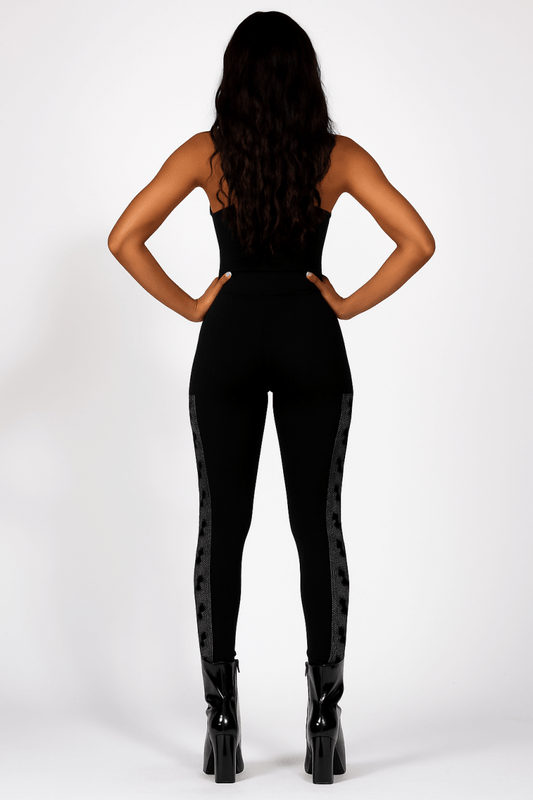 Leggings high waisted mouse ears crystal studded black stretchy - AMVIM