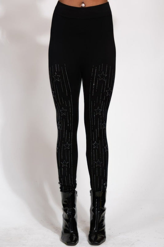 Leggings high waisted stretch rhinestone star detail black - AMVIM
