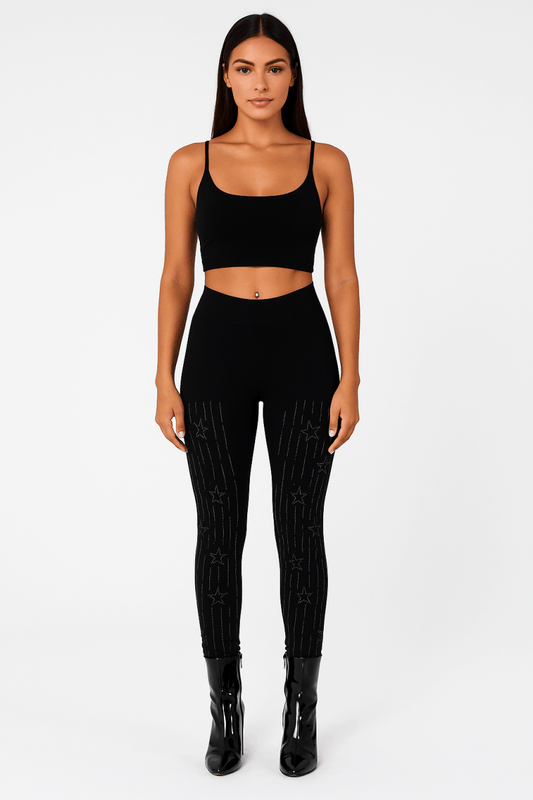 Leggings high waisted stretch rhinestone star detail black - AMVIM