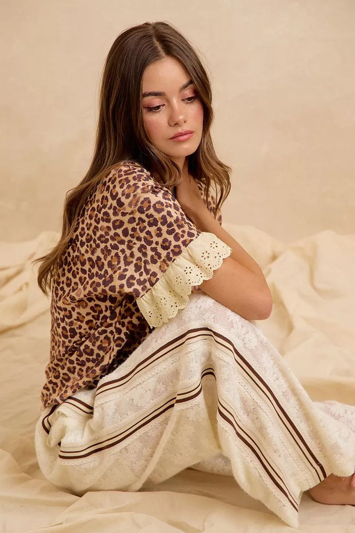 Leopard Print Ruffled Top and Shorts Set - AMVIM