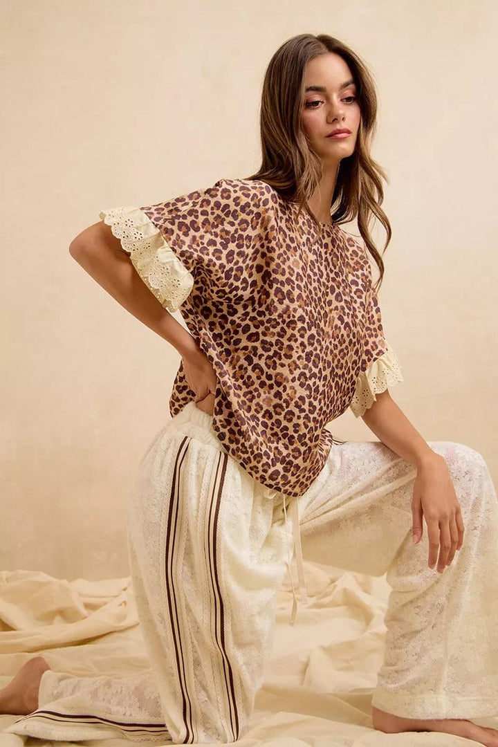 Leopard Print Ruffled Top and Shorts Set - AMVIM