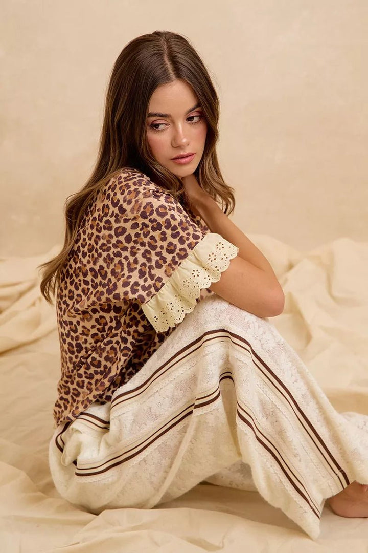 Leopard Print Ruffled Top and Shorts Set - AMVIM