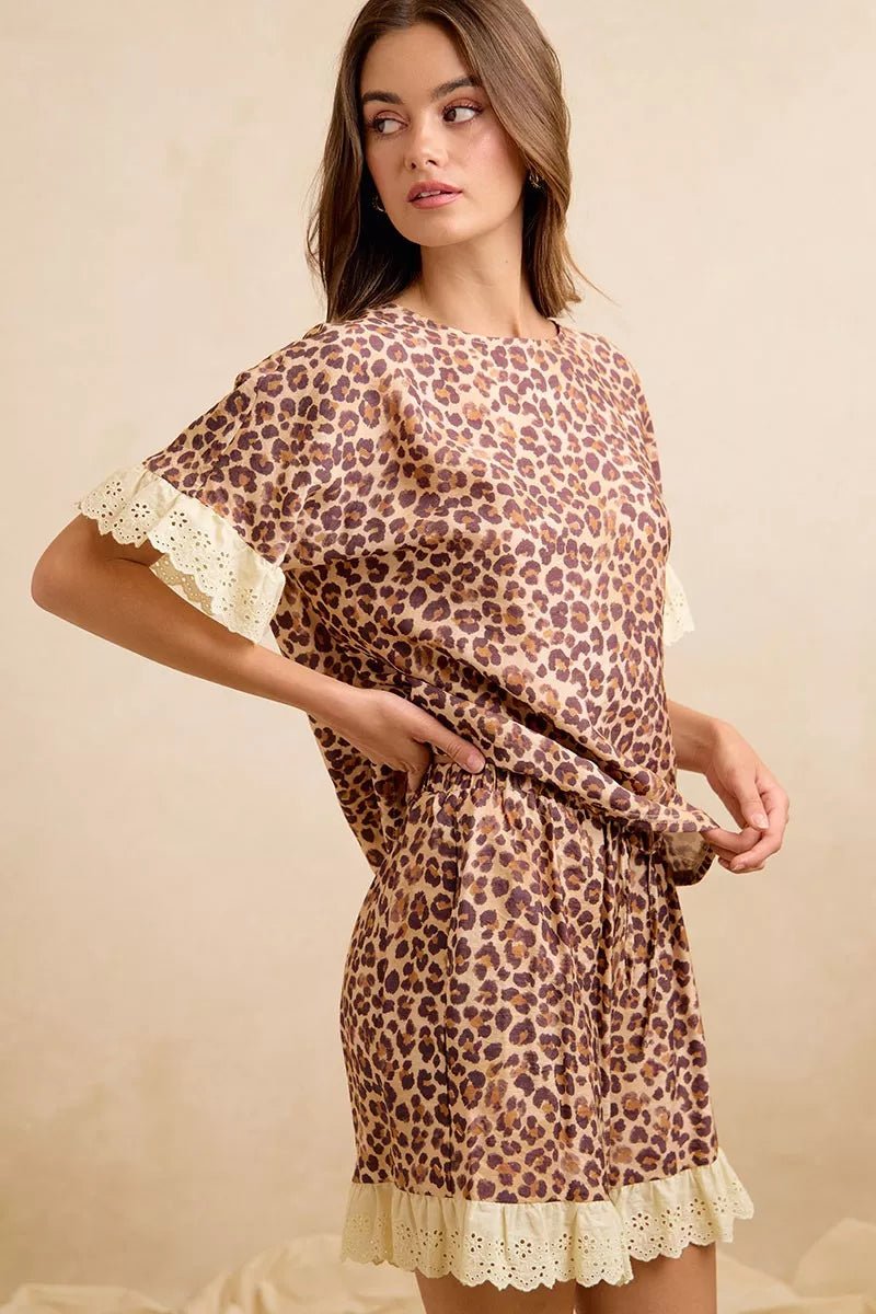 Leopard Print Ruffled Top and Shorts Set - AMVIM