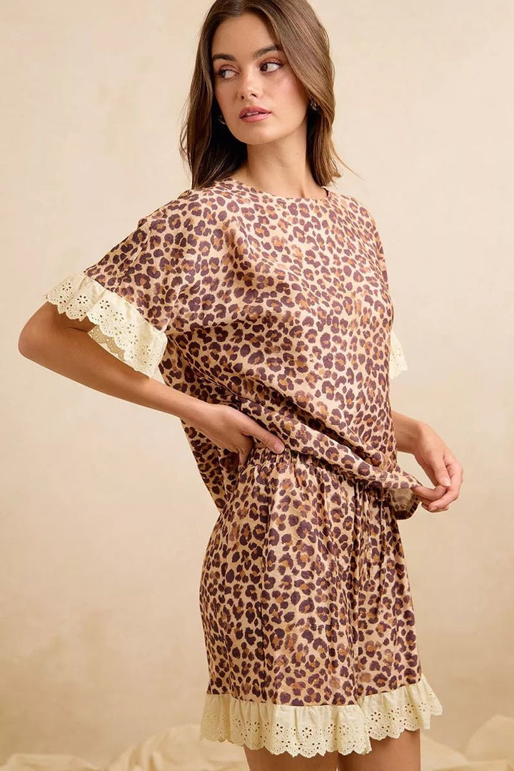 Leopard Print Ruffled Top and Shorts Set - AMVIM