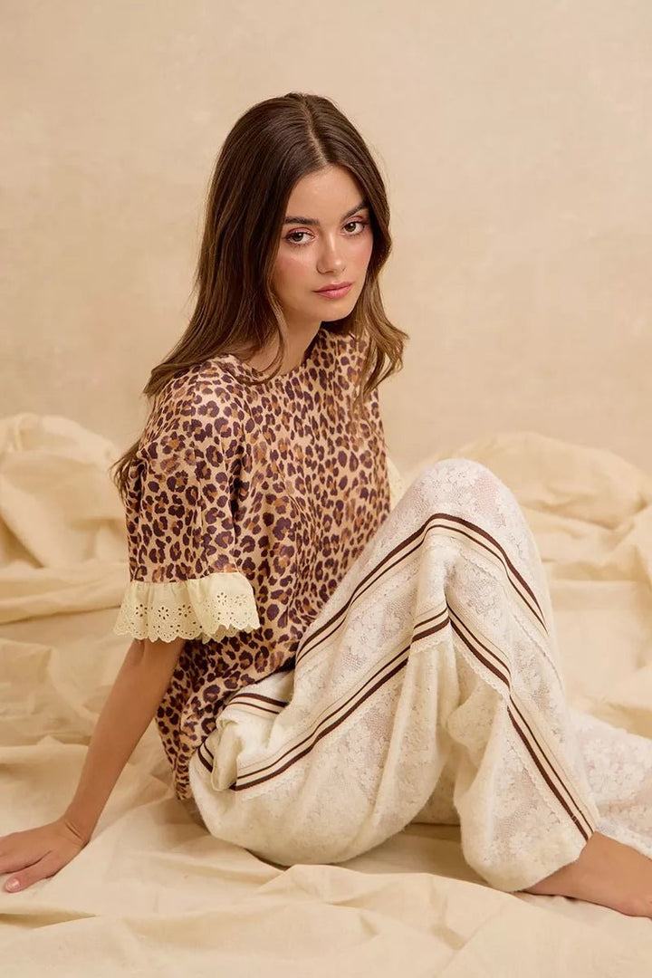 Leopard Print Ruffled Top and Shorts Set - AMVIM