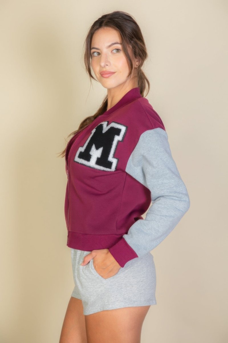 Letter Patched Striped Trim Varsity Jacket - AMVIM