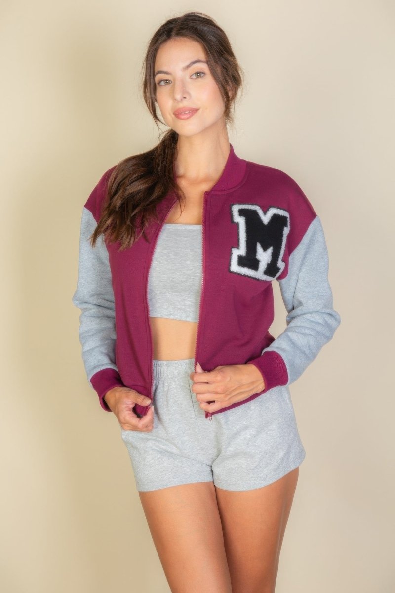 Letter Patched Striped Trim Varsity Jacket - AMVIM