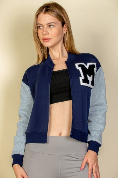 Letter Patched Striped Trim Varsity Jacket - AMVIM