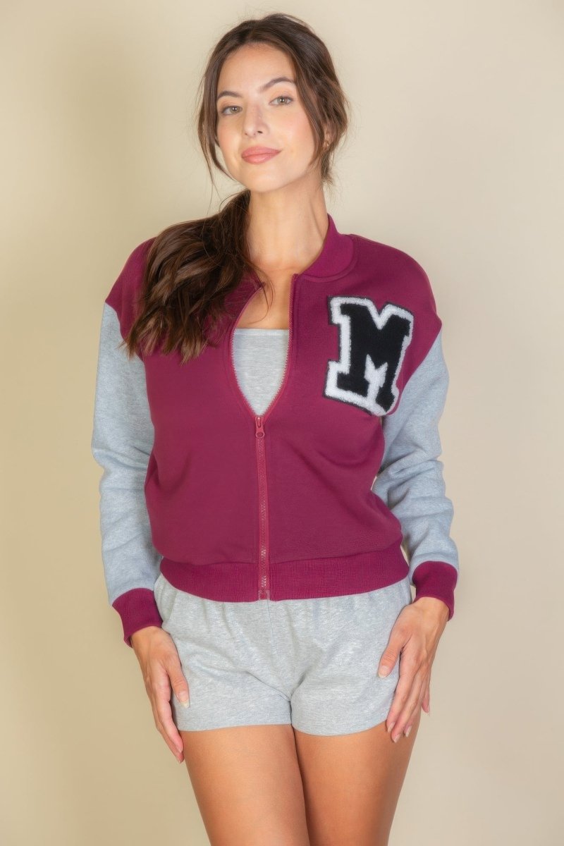 Letter Patched Striped Trim Varsity Jacket - AMVIM