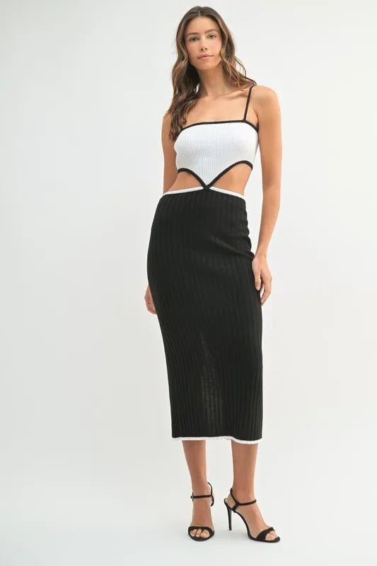 MABLE Ribbed Knit Color Block Cutout Midi Dress - AMVIM