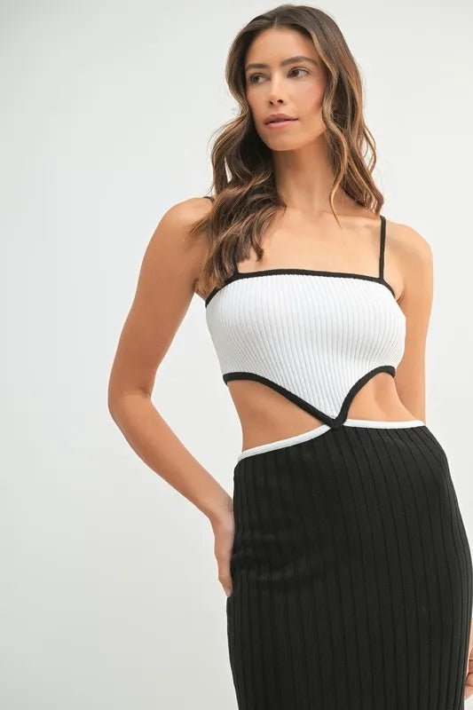 MABLE Ribbed Knit Color Block Cutout Midi Dress - AMVIM