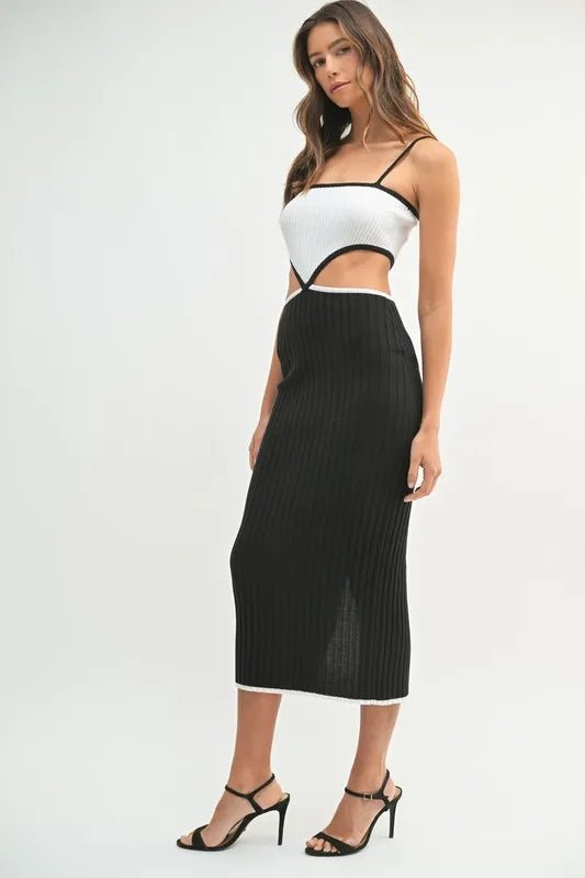 MABLE Ribbed Knit Color Block Cutout Midi Dress - AMVIM