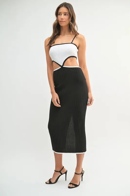 MABLE Ribbed Knit Color Block Cutout Midi Dress - AMVIM