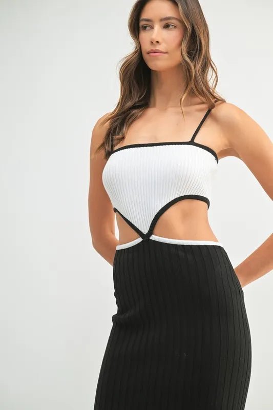 MABLE Ribbed Knit Color Block Cutout Midi Dress - AMVIM