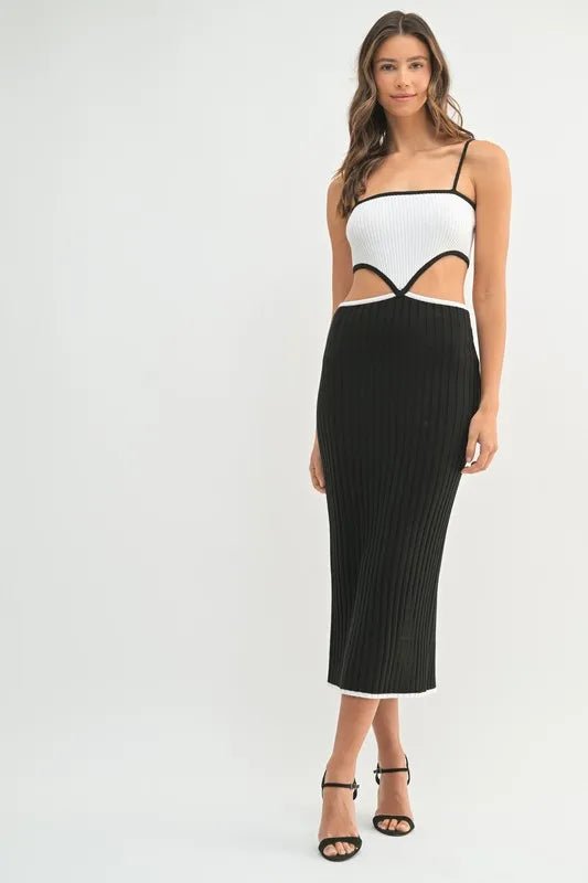 MABLE Ribbed Knit Color Block Cutout Midi Dress - AMVIM