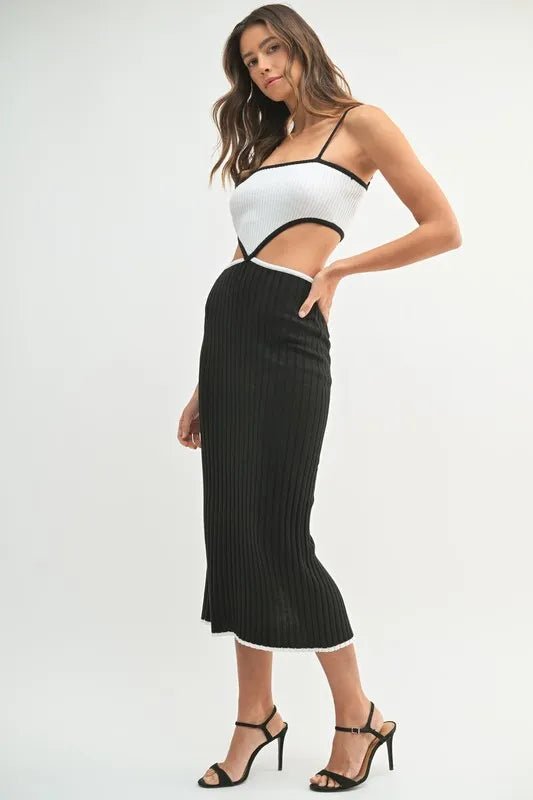 MABLE Ribbed Knit Color Block Cutout Midi Dress - AMVIM