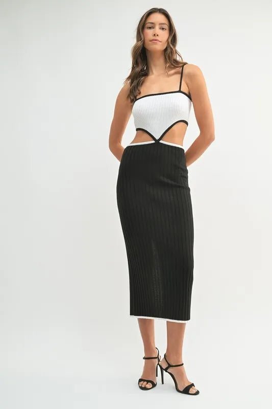 MABLE Ribbed Knit Color Block Cutout Midi Dress - AMVIM