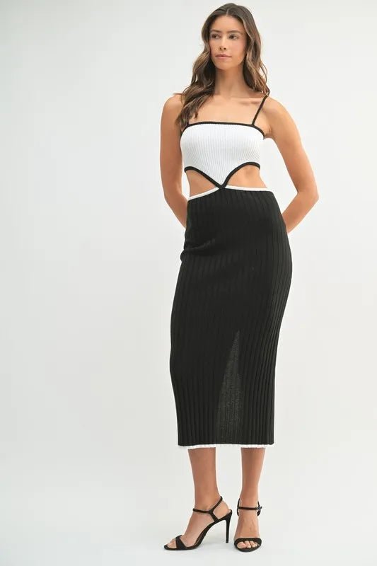 MABLE Ribbed Knit Color Block Cutout Midi Dress - AMVIM