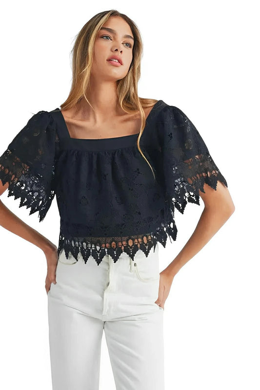 MABLE Square Neck Crochet Lace Top With Double Bow Tie - AMVIM